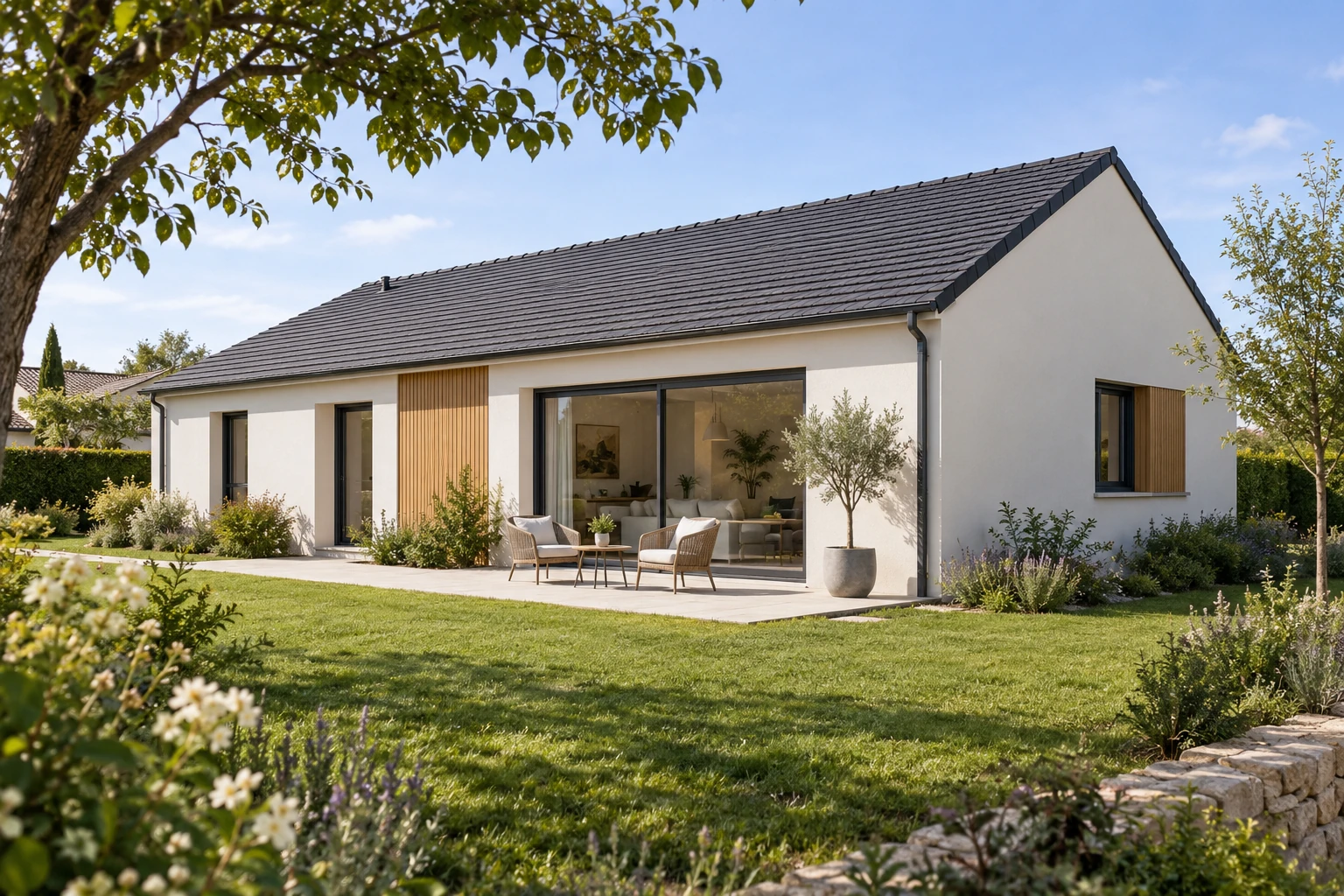 Maison contemporaine de plain-pied avec terrasse et jardin